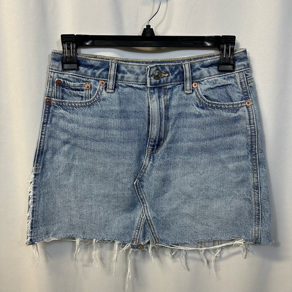 American Eagle Blue Denim Super Hi-Rise A-Line Mini Skirt Raw Chewed Hem 0